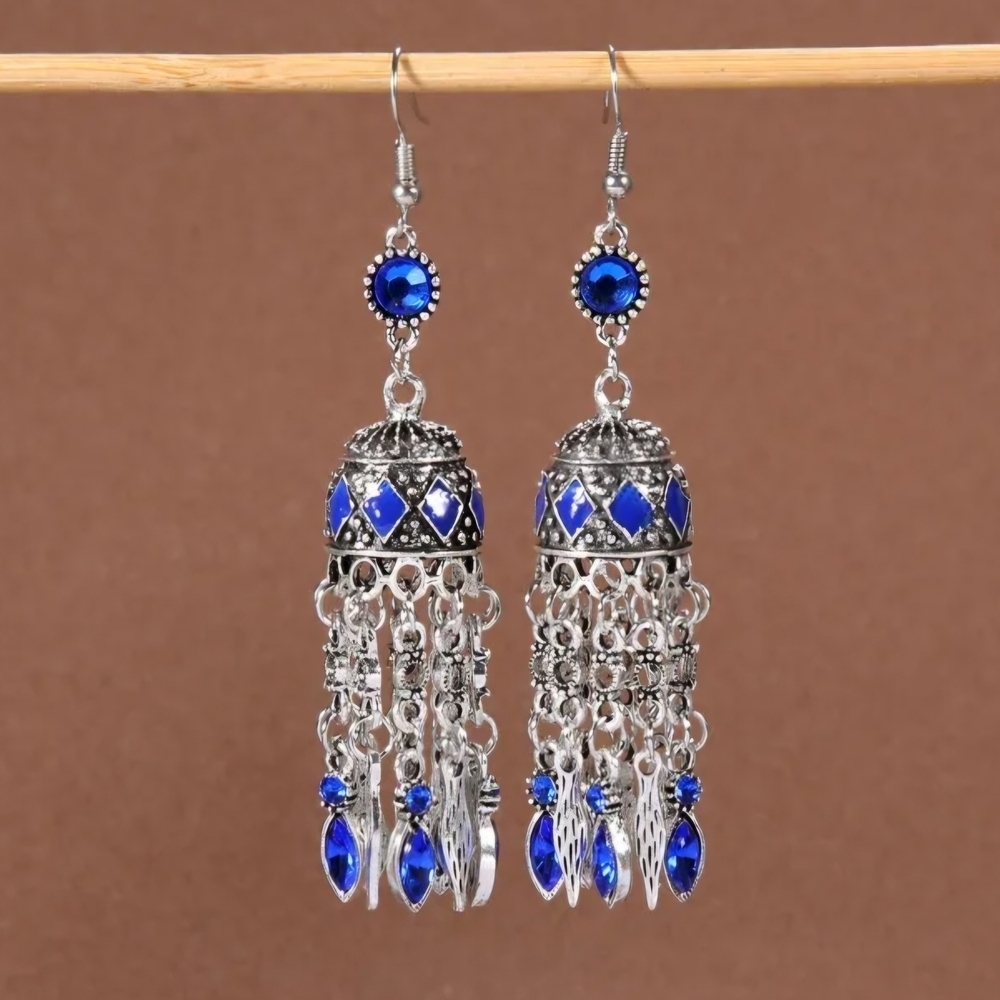 Chandelier Earrings Blue Rhinestones and Silver Jhumkas Diwali Bollywood - Picture 7 of 13